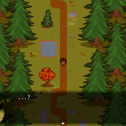 A screenshot from an RPG maker game depicting a character standing in a forest. This is from one of my projects, Kaleidoscope, an abstract story about horror, trauma, mental illness, and transgenderism.