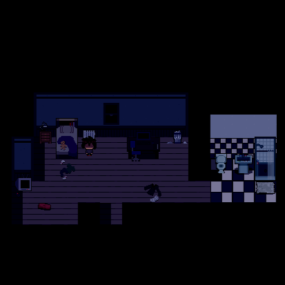 A screenshot from an RPG maker game depicting a character standing in their room. This is also from my project Kaleidoscope!