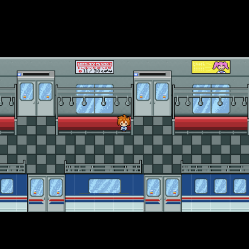 A screenshot from an RPG maker game depicting a character on a train. This is from a different one of my games, Down the Rabbit Hole, a murder mystery set in an international school in the 2000s.