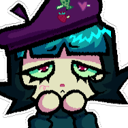 A chibi of a girl with dark green hair wearing a beret and sweater.