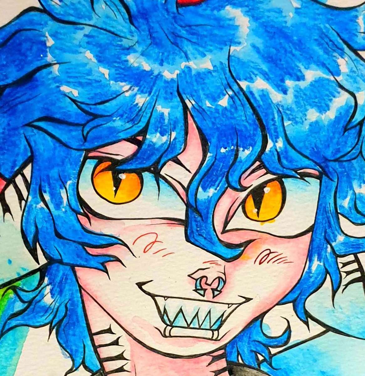 This is an ilustration I did for a secret santa for a friend, who loves sharks and Y2K fashion. IMAGE ID: A traditional painting with watercolour and ink. A colourful illustration of a guy with spiky, wavy blue hair and yellow eyes with slit pupils. He has blue fins for ears anda blue-tipped shark tail, along with spiky eeth. He wears a blue tank top, a ed jacket, and grey headphones, along with a black and gold spiked choker. He is grinning and there is a rainbow behind him. END ID.