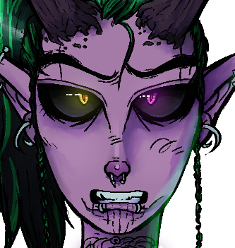 This is a ilustration I did of my Dark Urge Warlock in Baldur's Gate 3. He was extremely, deeply important to me for a long time and I absoluely adored him (and still do! But I haven't played BG3 in while.) IMAGE ID: A digital illustration of a purple-skinned Tiefling with black horns and green and black hair. He has black sclera and heterochromia,one iris is yellow and the other is hot pink. He has several tattoos, scars, and ridges all overhis body. He is thin with a small bust. He is wearing black clothes, a red cape, black boots, and has a long tail. In one hand he holds a dagger, and in the other he is conjuring a green spell. END ID.
