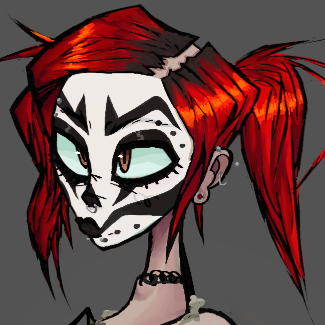 An illustration of one of my VTM characters, Summer. IMAGE ID: She is a pale woman with bright red hair tied into two ponytails. She has brown eyes and is wearing black and white juggalo-style makeup. She is wearing a black cropped tank top, baggy camo pants and Doc Marten boots.