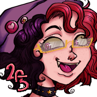 An Artfight attack on https://inkbwush.tumblr.com/. IMAGE ID: An illustration of a young woman leaning forward with her hands clasped in her lap. She is smiling wide, exposing fangs. She had half black and half pink/red hair, along with pink eyes and yellow glasses. She is wearing a magenta shirt, blue-purple jeans and a beanie in the same colour. She is also wearing a black choker and a brown bag.