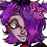 An Artfight attack on https://www.tumblr.com/malkmadness. IMAGE ID: An illustration of a young person with their hip cocked and one hand displaying a peace sign. They have purple hair with pink tips and green eyes. They are wearing a leather jacket with various pink and purple pins and patches, along with a pink plaid skirt and pink/purple striped tights. They are smiling with two fangs poking out over their bottom lip.